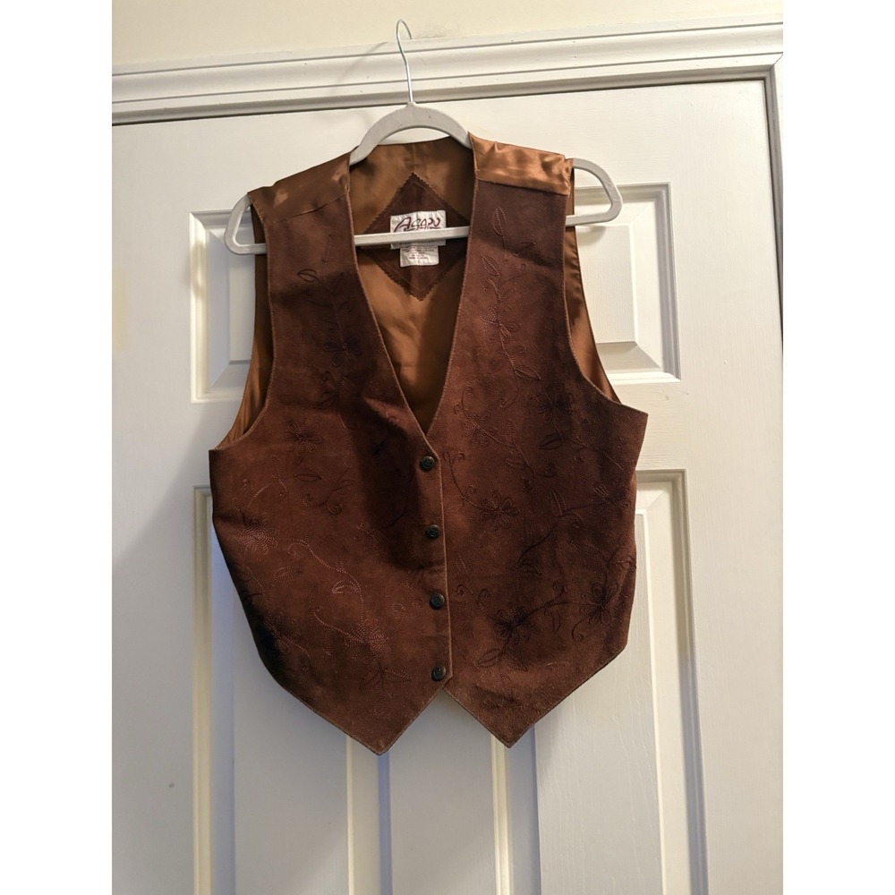 Vintage Agapo Collection Size Large Embroidered Brown Suede Leather Vest - Picture 2 of 7